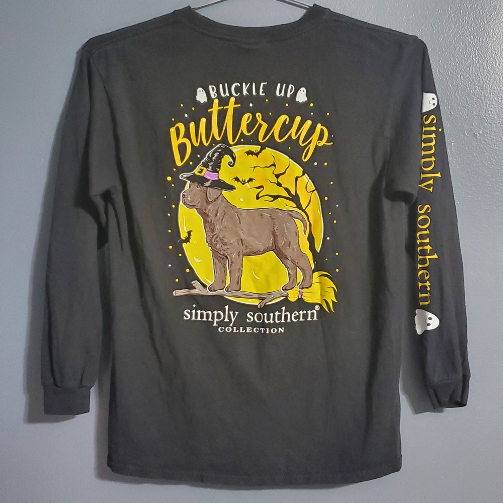 Simply Southern Black Long Sleeve Shirt Halloween Buttercup Witch Dog Girls SZ L